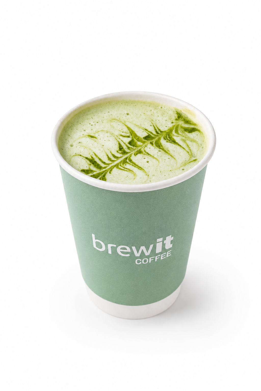 Matcha latte Brewit con arte en espuma